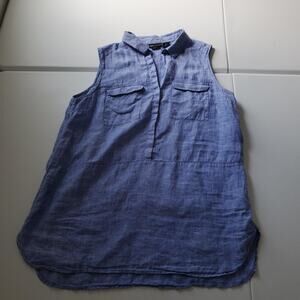 Jones New York Tunic Blouse Womens Large Blue Linen Sleeveless Pocket Top